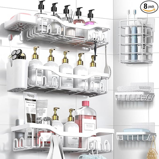 NESOMI Shower Caddy Adhesive Shower Organizer 8-Pack, Rustproof Stainless Steel Bathroom Shelves, Large Capacity No-Drill Rack Storage Accessories with Soap Dish Toothbrush Holder Hooks