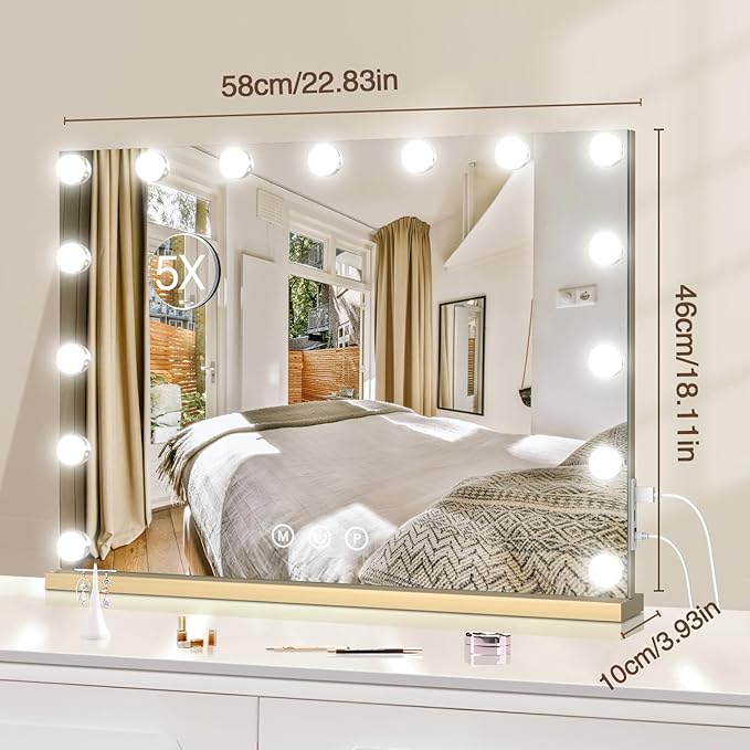 halumao Vanity Makeup Mirror with Lights, 22.8" x 19" Large Light Up Mirror with Smart Touch 3 Colors Dimmable Gold