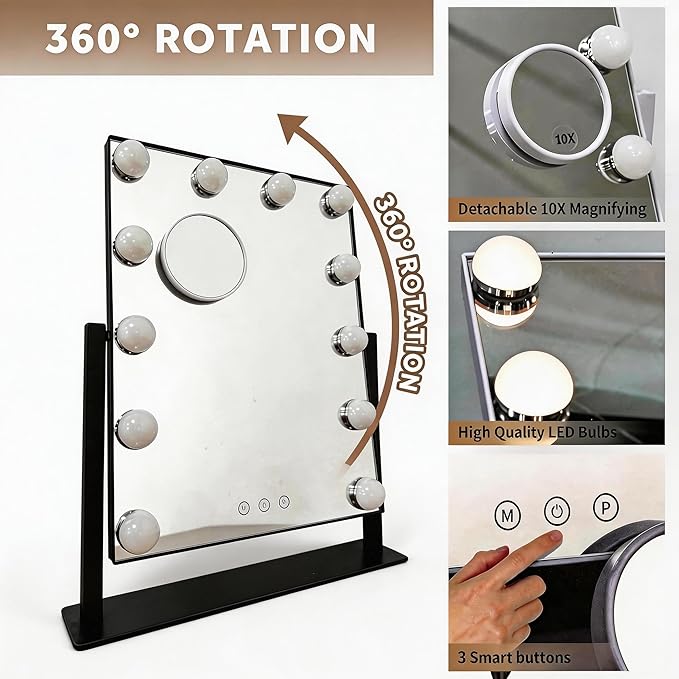 Makeup Vanity Mirror with Lights LED Makeup Mirror Detachable 10X Magnification, Hollywood Make Up Mirror with Lighting, Smart Touch, Rechargeable,360° Rotation, Black 17.12"x13.77"