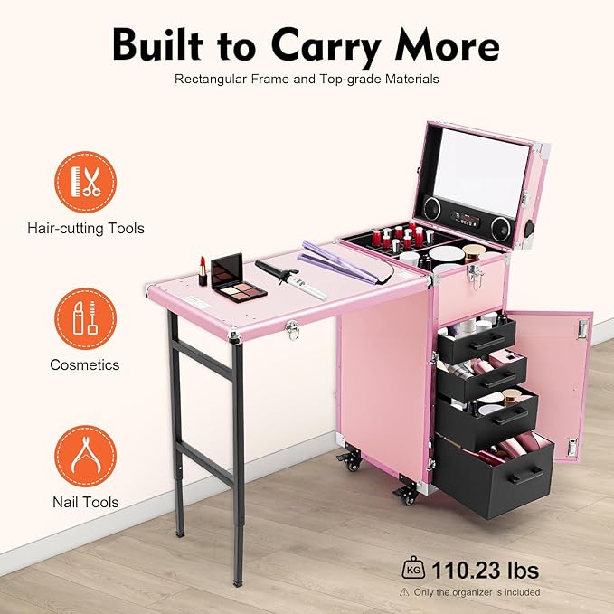 Portable Manicure Table Nail Foldable Nail Tables Travel Cosmetic Trolley Storage Organizer with 4 Drawers Mirror & Speaker Pink Artist Travel Organizer