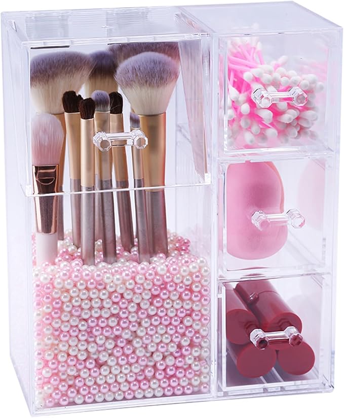 Acrylic Makeup Brush Holder with Lid - Cosmetics Storage Display Case - Clear Cosmetic Makeup Brush Organizer and Storage Box with Cover for Vanity (Style 1)