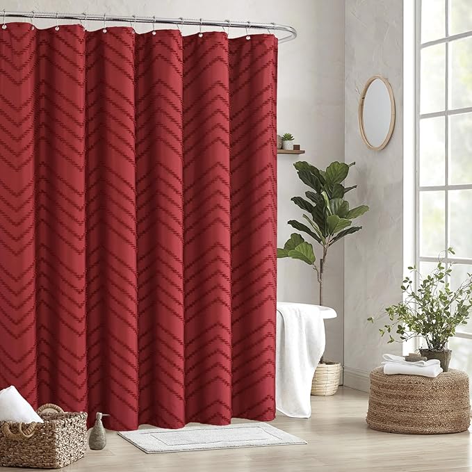 84inches Extra Long Burgundy Shower Curtain Boho Farmhouse Shower Curtain 72 x 84 Tufted Chevron Textured Minimalist Shower Curtains for Bathroom