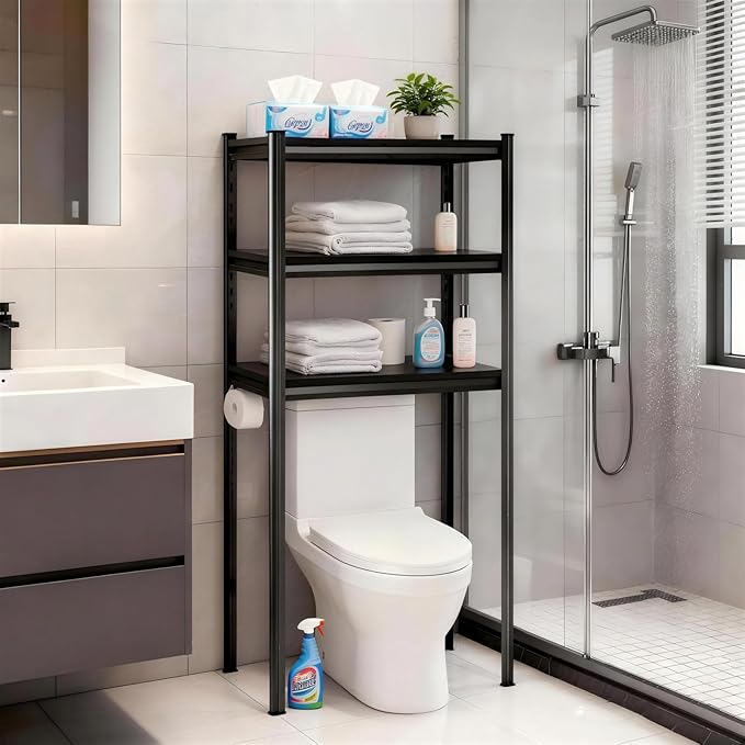 Over Toilet Storage Shelves, 5 Tier Adjustable Steel Shelf, Freestanding Metal Bathroom Space Saver, Waterproof&Rustproof Oraganizer with Reinforced Columns, Ideal for Laundry Bathroom, 28Wx14Dx60H