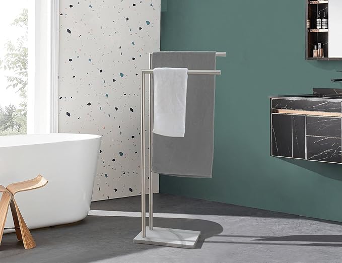 EADOT 41 Inch Standing Towel Rack Double L Shape Bath Towel Sheet Holder with Marble Base for Bathroom Floor Next to Tub or Shower Towel Stand for Bathroom Floor Stainless Steel Brushed Nickel