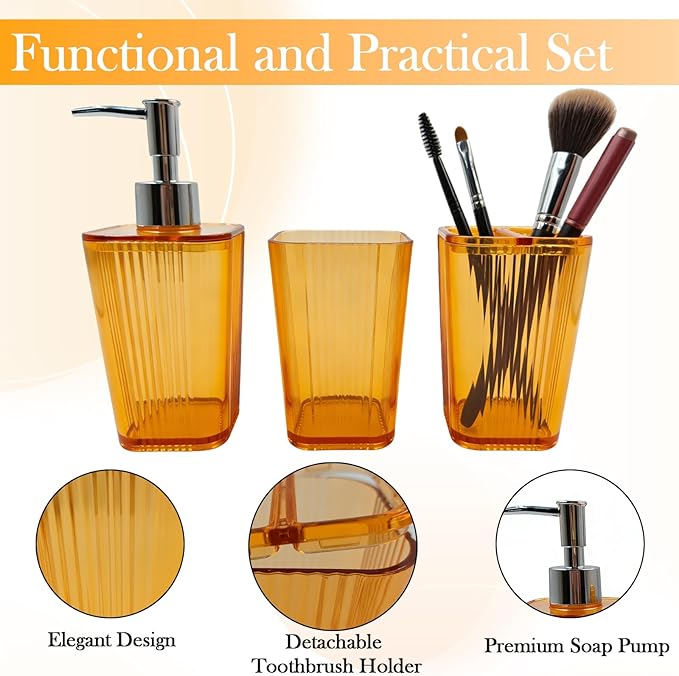 4 Pcs Bathroom Accessory Set Plastic Bathroom Organizer Kit with 13.5oz Soap Dispenser Toothbrush Holder Tumbler Vanity Tray Complete Countertop Bathroom Decor Set(Orange)