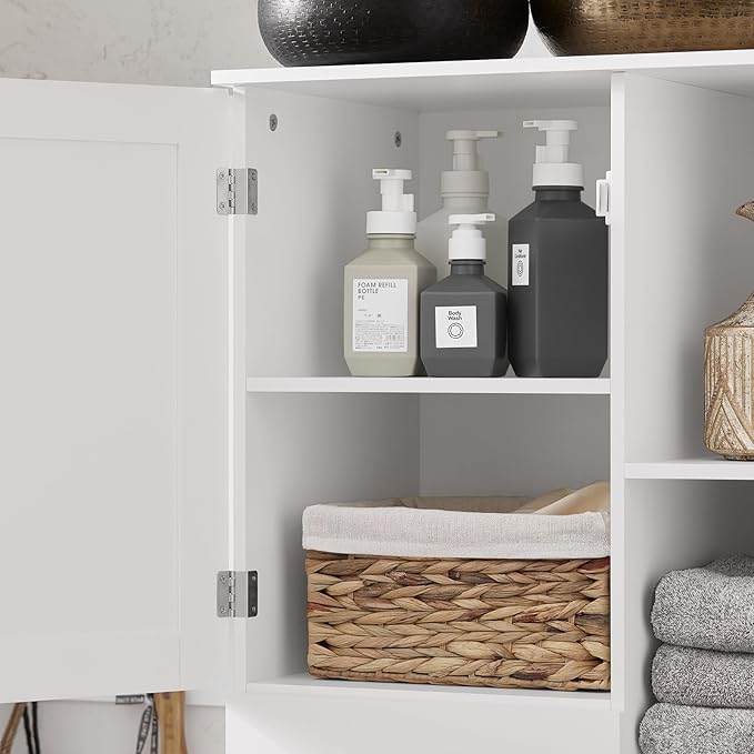 SoBuy Tall Tilt-Out Laundry Hamper Cabinet with Removable Basket and Shelves, Freestanding Laundry Storage Cabinet for Laundry Room or Bathroom, Modern White Laundry Furniture BZR104-W