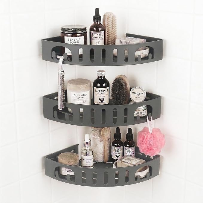 Adhesive Corner Shower Shelf No Drill | Rust-Proof Aluminum Alloy Stick On Bathroom Organizer with Shaving Holder for Shampoo, Conditioner, Soap, Razors Grey 3 Pack