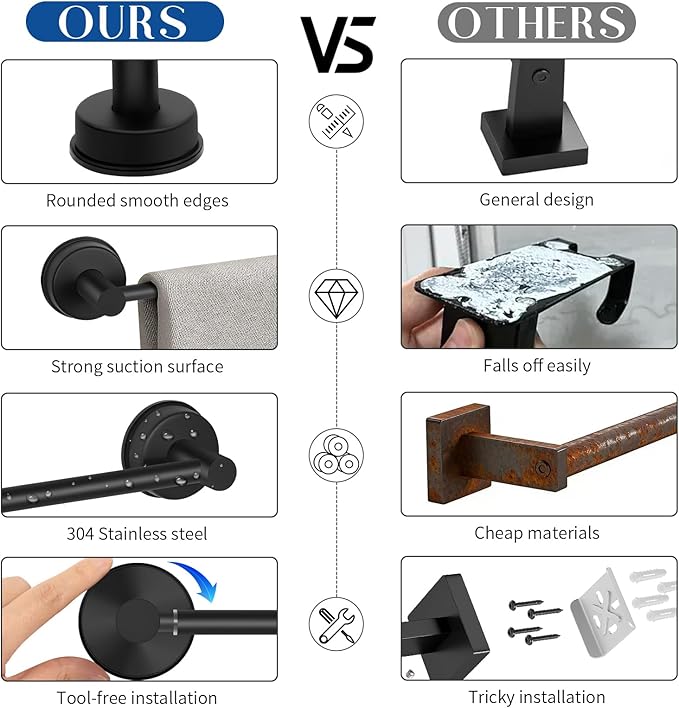 Adjustable Suction Cup Towel Bar for Bathroom Wall, 14.6–24 Inches Black Towel Bar, Stainless Steel Bath Towel Holder, Towel Racks for Bathroom Shower (Matte Black, 2 Pack)