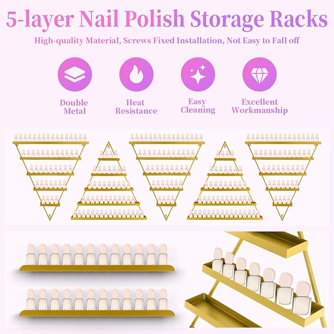 5 Tiers Triangular Nail Polish Rack for The Wall, 10PCS Metal Wall Mounted Display Shelves for Lipstick, Perfume, Home Spa, Salon Shop (Golden)