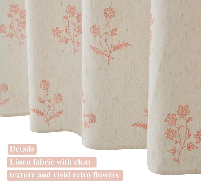 ORTIGIA Linen Shower Curtain Farmhouse Vintage Pink Floral Shower Curtains Boho Rustic Block Print Cottagecore Decor for Bathroom 72 W x 72 L