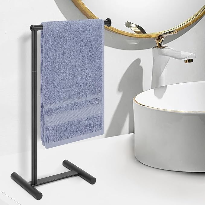 Livabber L-Shape Hand Towel Holder Stand, Metal Hand Towel Rack Modern Countertop Hand Towel Ring Standing Towel Bar for Bathroom Kitchen Vanity (Black)