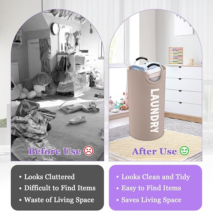95L Folding Laundry Basket for Singles, Large Laundry Hamper with Aluminum Handles, Freestanding Dirty Clothes Basket, Sturdy Oxford Fabric Clothes Hampers for Travel, Dormitory, Khaki