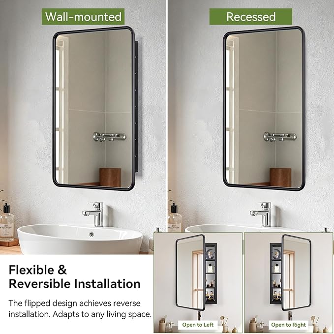 17 x 27 Bathroom Medicine Cabinet with Mirror Metal Frame Recessed Or Wall Mounted Single Door Storage Medicine Cabinets with Adjustable Shelves Rounded Corner Beveled Mirrors