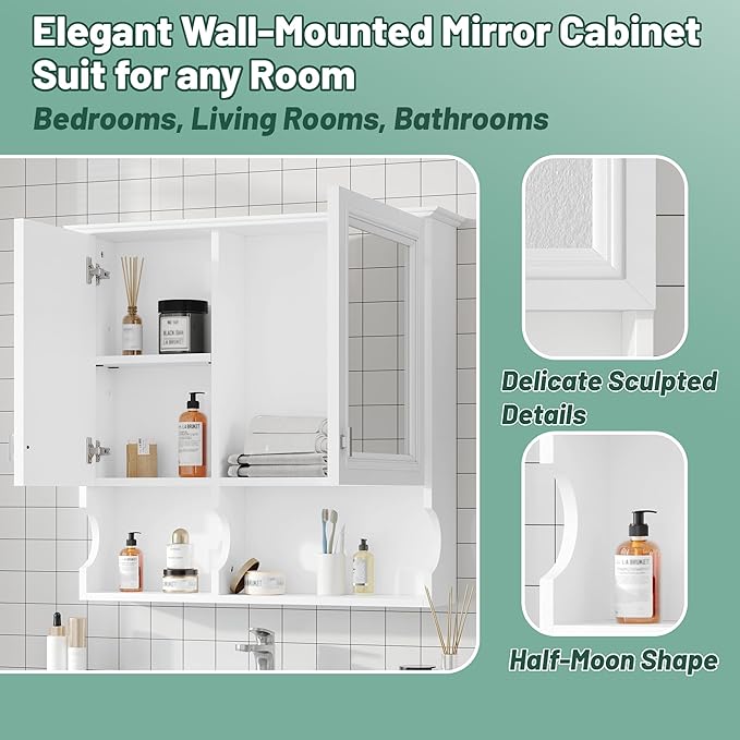 Bathroom Wall Cabinet with Mirror, Medicine Cabinet with 2 Doors and Adjustable Shelf, Space Saver Storage Cabinets Over The Toilet for Bathroom (30'' x 28'')