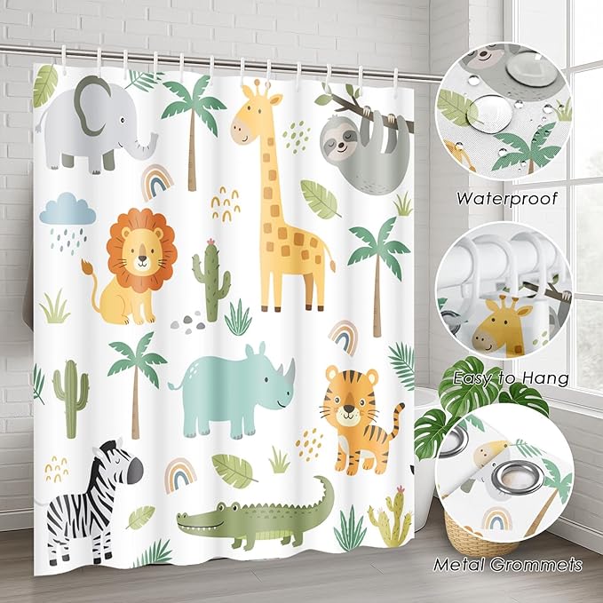 ArtSocket Cute Hippo Crocodile Bathroom Set with Shower Curtain and Rugs Accessories Lion Elephant Giraffe Shower Curtain Set Childish Colorful Bathroom Decor 4 Pcs