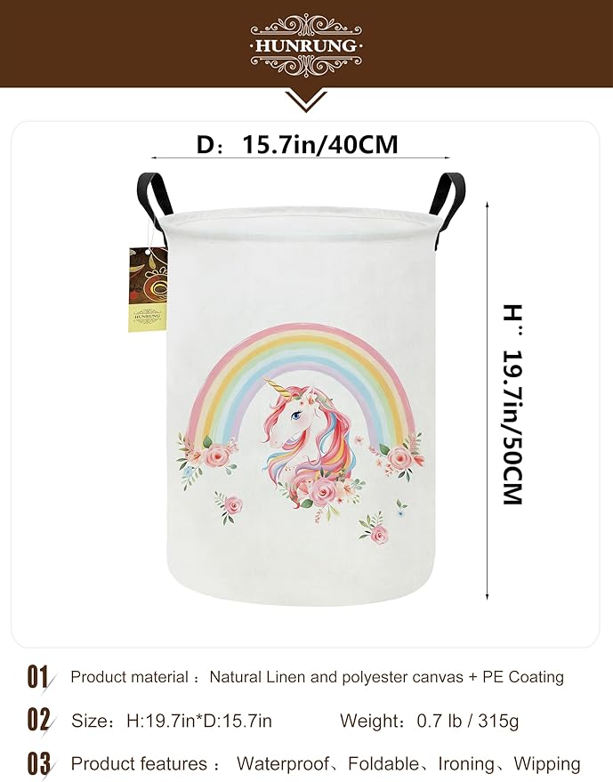 HUNRUNG Laundry Hamper,Large Canvas Fabric Lightweight Storage Basket Toy Organizer Dirty Clothes Collapsible Waterproof for College Dorms???Round-Rainbow Unicorn???