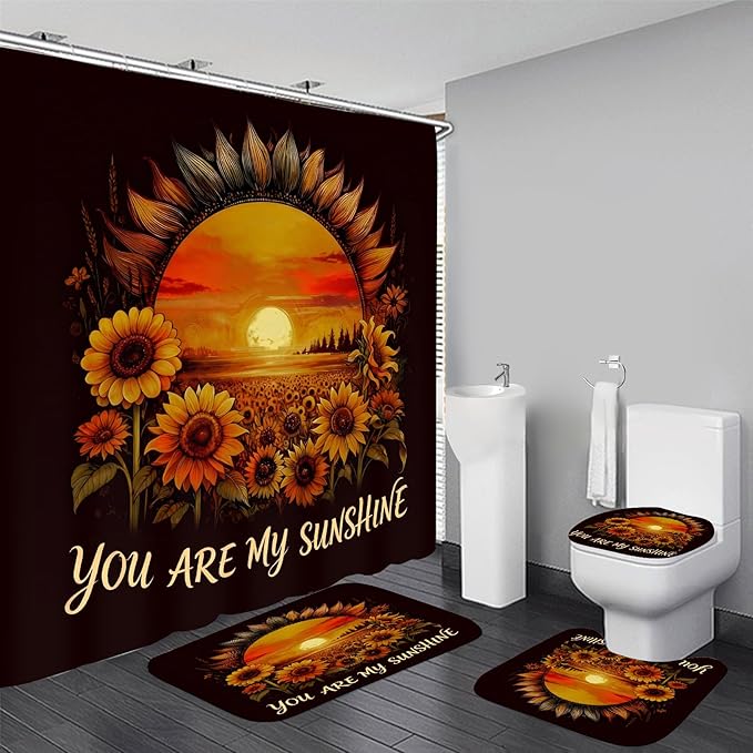 AZHM Sunflower Shower Curtain Set 4 PCS Bathroom Bathroom Accessory Sets Inspirational Quotes Floral Vintage Bath Decor with Rugs and 12 Hooks