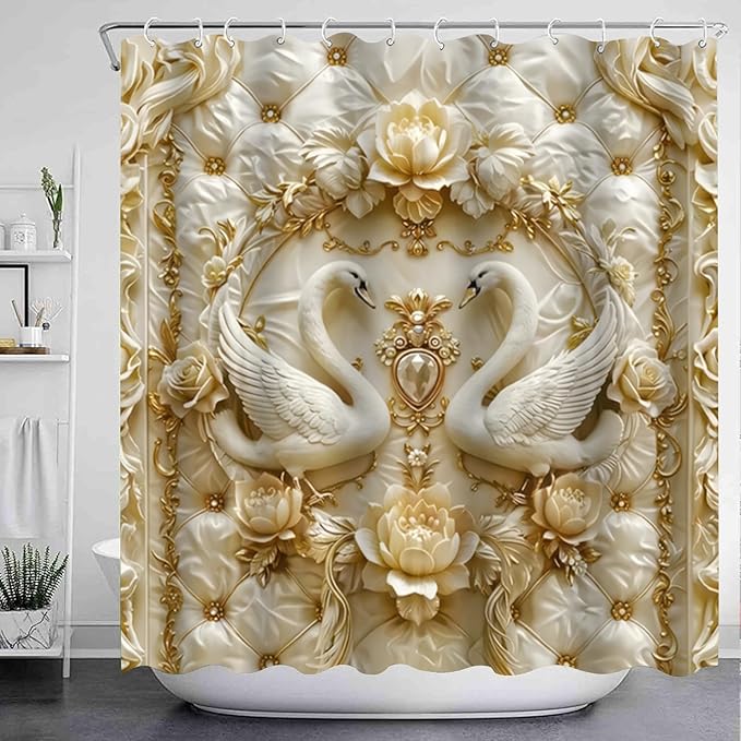 NBVKO 4Pcs Luxury Swan Reliefs Printed Shower Curtain Set with 12 Hooks Non-Slip Rugs,Toilet Lid Cover and Bath Mat, Stylish Bathroom Decor for Hotel & Home Bathroom