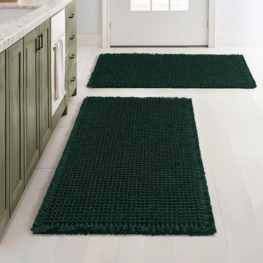 MIULEE Dark Green Set of 2 Waffle Bathroom Rugs, Boho Bath Rugs Non Slip Washable, Super Absorbent Bath Mats, Ultra Soft Rubber Backed Shower Mats for Bathroom Floor, Tub, 18x30 Inch