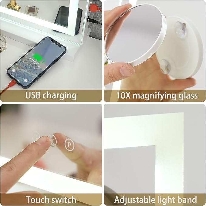 Sucedey 23" x 19" Vanity Mirror with Lights, Large Makeup Mirror with 3 Color Modes & Adjustable Brightness, Detachable 10x Zoom Mirror,Smart Touch Control,Plug in(Tabletop & Wall-Mounted)