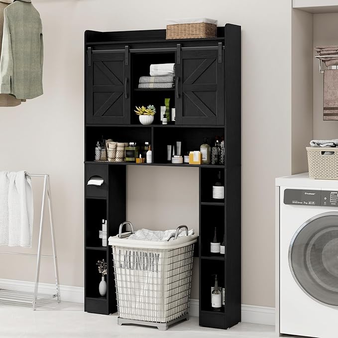 Vabches Farmhouse Storage Cabinet Over Toilet with Sliding Doors, Home Space-Saving Toilet Rack, Over The Toilet Storage Cabinet, Open Storage Shelf, for Bathroom, Laundry, Restroom.Black