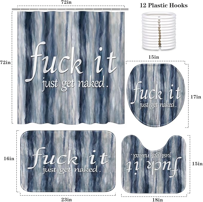 ArtSocket 4PC Funny Get Naked Blue Painting Art Modern Abstract Shower Curtain Sets Bathroom Decor with Rugs, Non-Slip Rug,Toilet Lid Cover, Bath Mat and 12 Hooks 72x72 inches