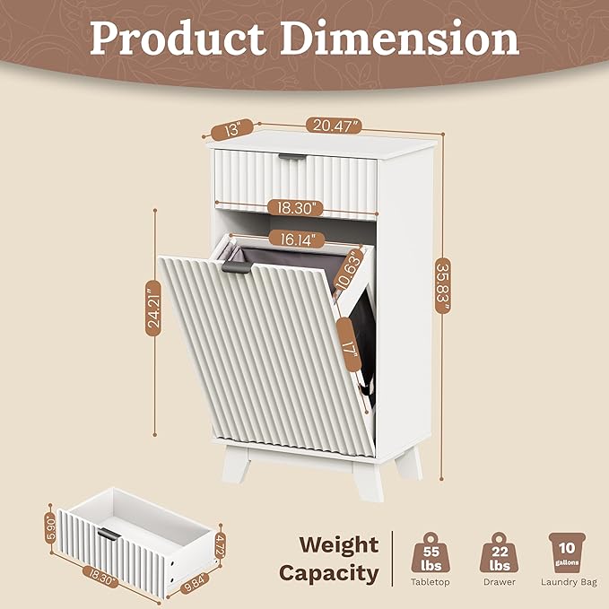 Double Tilt Out Laundry Hamper Cabinet, 20 Gallon Wooden Trash Can Cabinet with Storage Drawers, Hidden Fluted Garbage Can Holder for Kitchen, Living Room (White, 20.47" W x 35.83" H x 13" D)