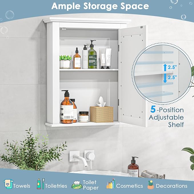 COSTWAY Bathroom Medicine Cabinet with Mirror, Wall-Mounted Storage Cabinet Organizer with 5-Position Adjustable Shelf, Hanging Bathroom Wall Cabinet for Living Room Bedroom Entryway (White)