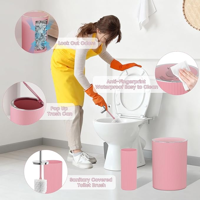 Light Pink Bathroom Accessories Set, 10PC Bathroom Set, Bath Accessory with Pop Up Trash Can, Soap Dispenser, Toilet Brush, Toothbrush Set Qtip Holders & Tray