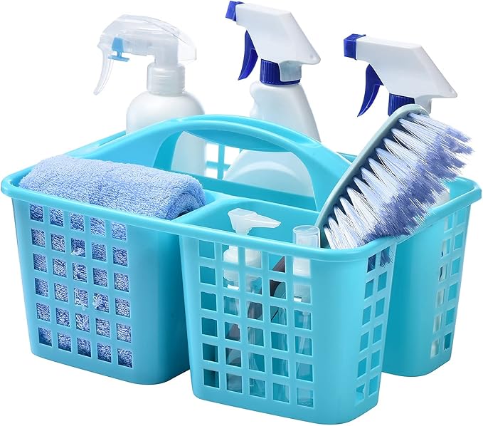 ALINK Plastic Shower Caddy Basket with Compartments, Portable Divided Cleaning Supply Storage Organizer with Handle for College Dorm Bathroom -Blue