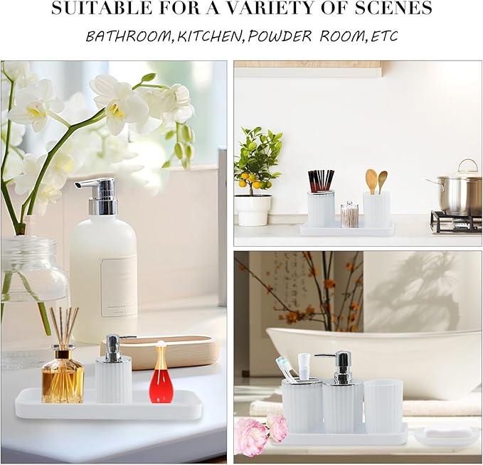 White Bathroom Accessories Set with Shower Curtain, Trash Can, Lotion Soap Dispenser, Soap Dish, Toothbrush Holder, Toothbrush Cup, Toilet Brush Holder and Tray for Bathroom Decor