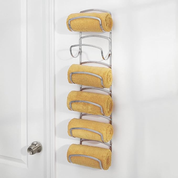 mDesign Metal Towel Shelves – Towel Rack for the Bathroom with 6 Compartments – Practical Bathroom Accessories for Both Large and Small Towels – Silver