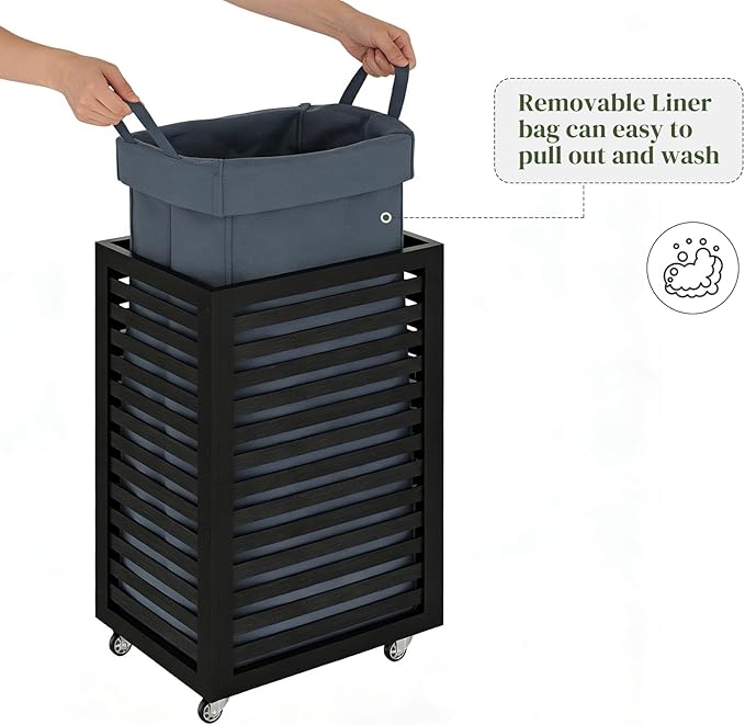 Laundry Hamper with Wheels, Laundry Basket with Liner, 85L Large bamboo Laundry Clothes Laundry Hamper, Liner with Handles, Dirty Clothes Storage Cart For Laundry Room, Dorm, Bedroom, Bathroom (Black)