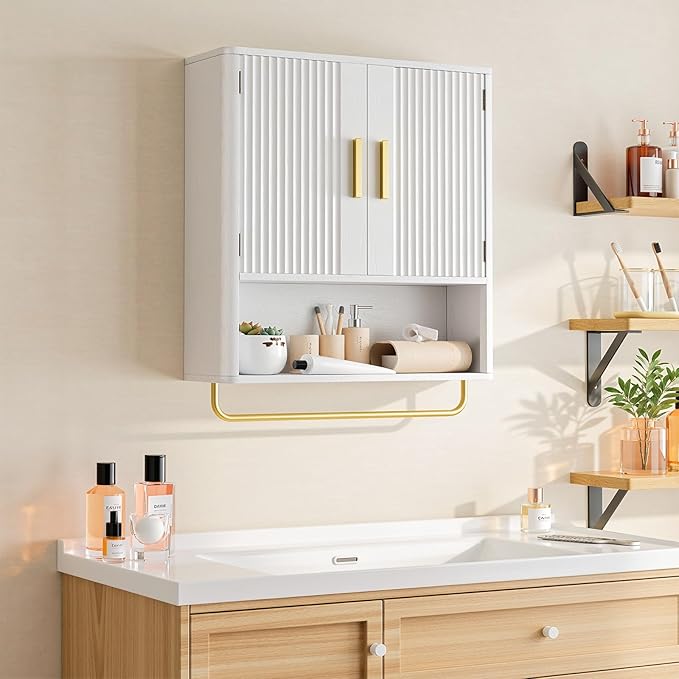 Memobarco Bathroom Cabinet Wall Mount with Fluted Door Panel & Adjustable Shelf, Medicine Cabinet with Open Partition and Towel Bar, Wall Storage Cabinet for Laundry Room & Kitchen (White)