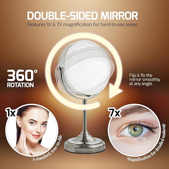 OVENTE 7'' Lighted Makeup Mirror with 1X/7X Magnification, Cordless Tabletop Mount Vanity Mirror with 360° Swivel Design & Double Sided Glow Cosmetic White LED Ring Light, Nickel Brushed MCT70BR1X7X