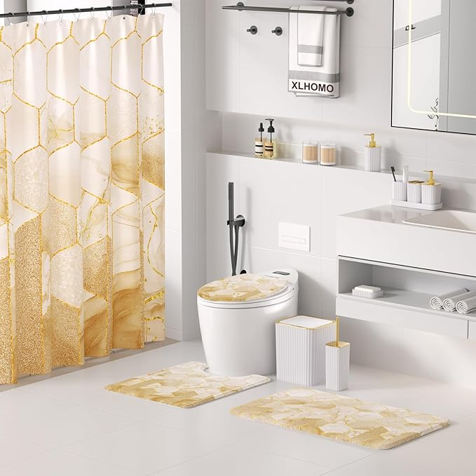 XLHOMO Bathroom Set - 26PC Bathroom Set with Shower Curtain and Rugs, Bathroom Accessory Set, White Bathroom Accessories Set, Trash Can & Soap Dispenser