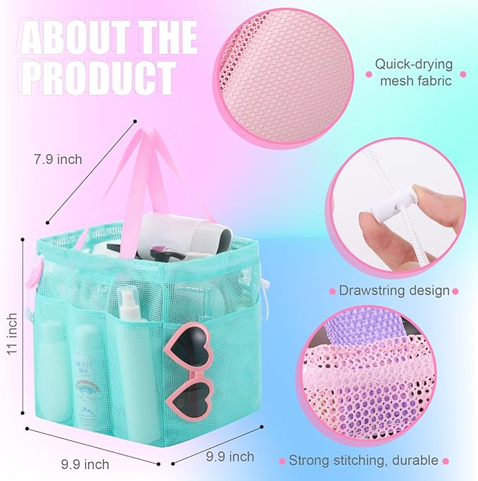 Talltalk 3 Pcs Mesh Shower Caddy Portable with Drawstring Dorm Essentials with 8 Pockets Hanging Shower Caddy Basket Quick Dry Toiletry for College Bathroom, Camping, Swim, Gym (Macarons Color)