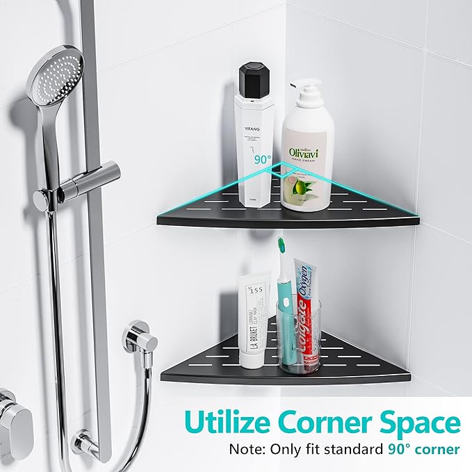 Qeke Corner Shower Shelf Matte Black, 304 Stainless Steel 11.5” Recessed Corner Shelf Bathroom for Tiled Wall, Floating Shower Shelves Shampoo Holder, No Drilling, 2 Pack