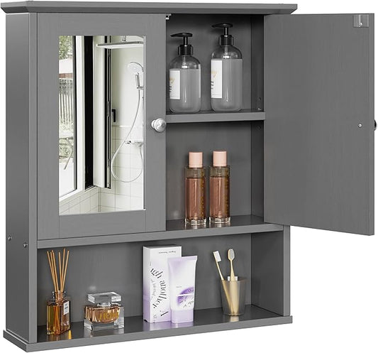 DL-win Medicine Cabinets with Mirror, Wall Mounted Bathroom Cabinet with Adjustable Shelves, Grey Storage Organizer for Toiletries, Towels & Daily Essentials