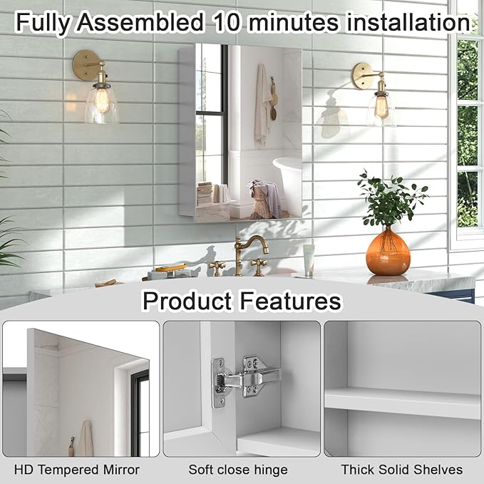 18x14 Inch Bathroom Medicine Cabinet with Mirror, Pre-Assembled Bathroom Medicine Cabinets, Surface/Recessed Wall Mounted Farmhouse Large Medicine Cabinet, Sliver