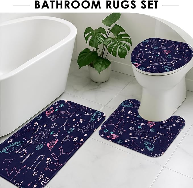 ArtSocket Cute Stars Space Bathroom Set with Shower Curtain and Rugs Accessories, Cute Kids Space Unicorn Galaxy Shower Curtain, Kids Astronaut Bathroom Decor 4 Pcs