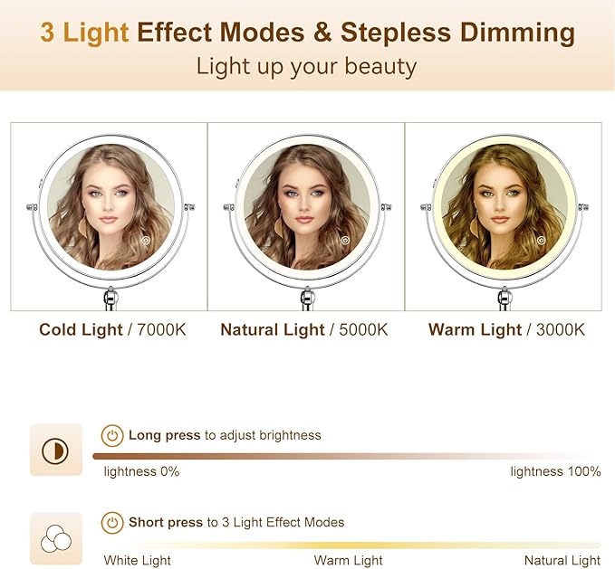 ZLOKLA 9" Wall Mounted Lighted Makeup Mirror,4000mAh Rechargeable Double Sided 1X/10X Magnifying Mirror with Light,Touch Dimmable,Extended Arm 360 Rotation Wall Mounted Makeup Mirror 3 Color Lights