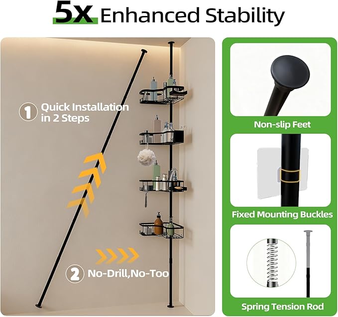Corner Shower Caddy Tension Pole, 4 Tier Rust-Resistant Adjustable Bathroom Organizer Shelves, Bathtub Storage Rack with Soap Holder, No-Drill Install, Floor to Ceiling Rod 47-121 Inch, Black