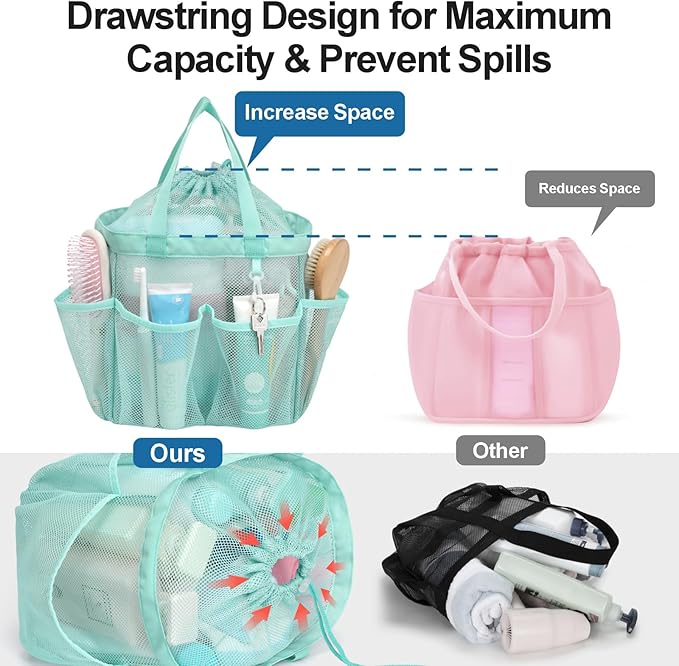 F-color Mesh Shower Caddy Portable with Drawstring - Large 8 Pockets Dorm Room Essentials for Guys Girls with S Hook, Shower Bag Basket Tote for College Camping Gym Travel Bathroom, Sage Green