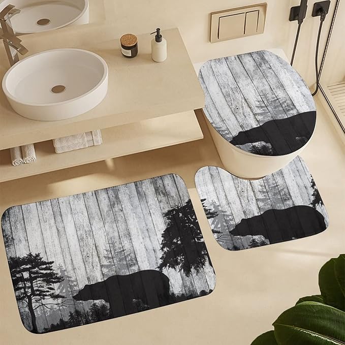 Rustic Black Bear 4 Piece Shower Curtain Sets, Non-Slip Rugs, Toilet Lid Cover and Bath Mat, Durable and Waterproof, for Bathroom Decor Set One Size