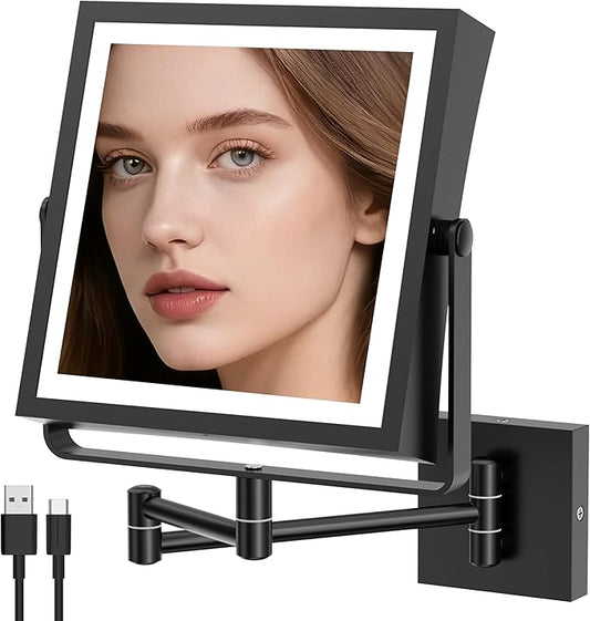 Wall Mounted Lighted Makeup Mirror, Rechargeable Double-Sided 1X/10X Magnifying Mirror with Light, Touch Dimmable 3 Color Lights, 360° Rotation Extendable Arm (Matte Black)