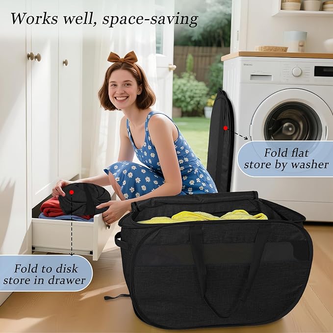 Upgraded 100L Extra Large Mesh Pop Up Laundry Hamper with Lid & Handles, XL Foldable Dirty Clothes Basket for Home Dorm Closet Storage, Portable Laundry Bin, Black. H