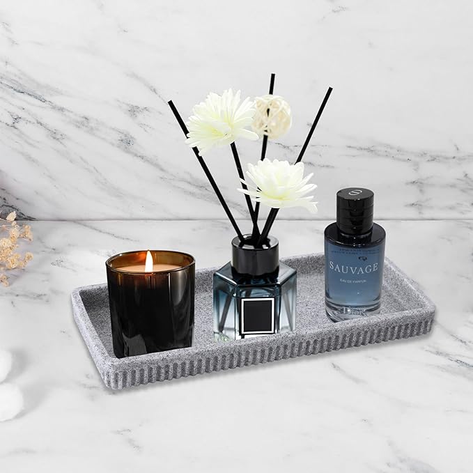 XLHOMO Resin Grey Bathroom Accessories Set 5 Pcs, Lotion Soap Dispenser, Toothbrush Holder, Bathroom Tumbler, Qtip Holder and Vanity Tray, Bathroom Countertop Organizer Set for Modern Home Apartment