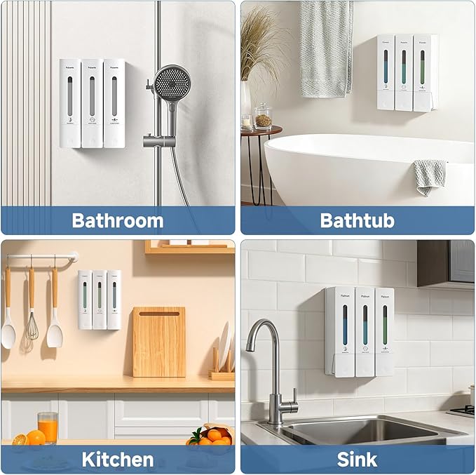 Shampoo and Conditioner Dispenser - Shower Soap Dispenser Wall Mounted No Drill - Shampoo Conditioner Body Wash Dispenser 3 Chamber - Easy Install for Bathroom Hotel White 1200ml
