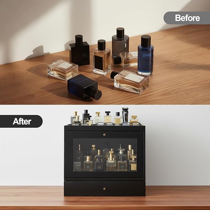 Cologne Organizer for Men,Perfume Stand Holder,Cologne Shelf, Solid Wood Cologne Stand with Drawer Storage and Clear Window,Organizador de Perfumes,Perfume Stand Organizer,Black